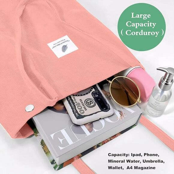 Women Hot Pink Imported Corduroy Small Canvas Shoulder Handy Tote Bag - Picture 2 of 4